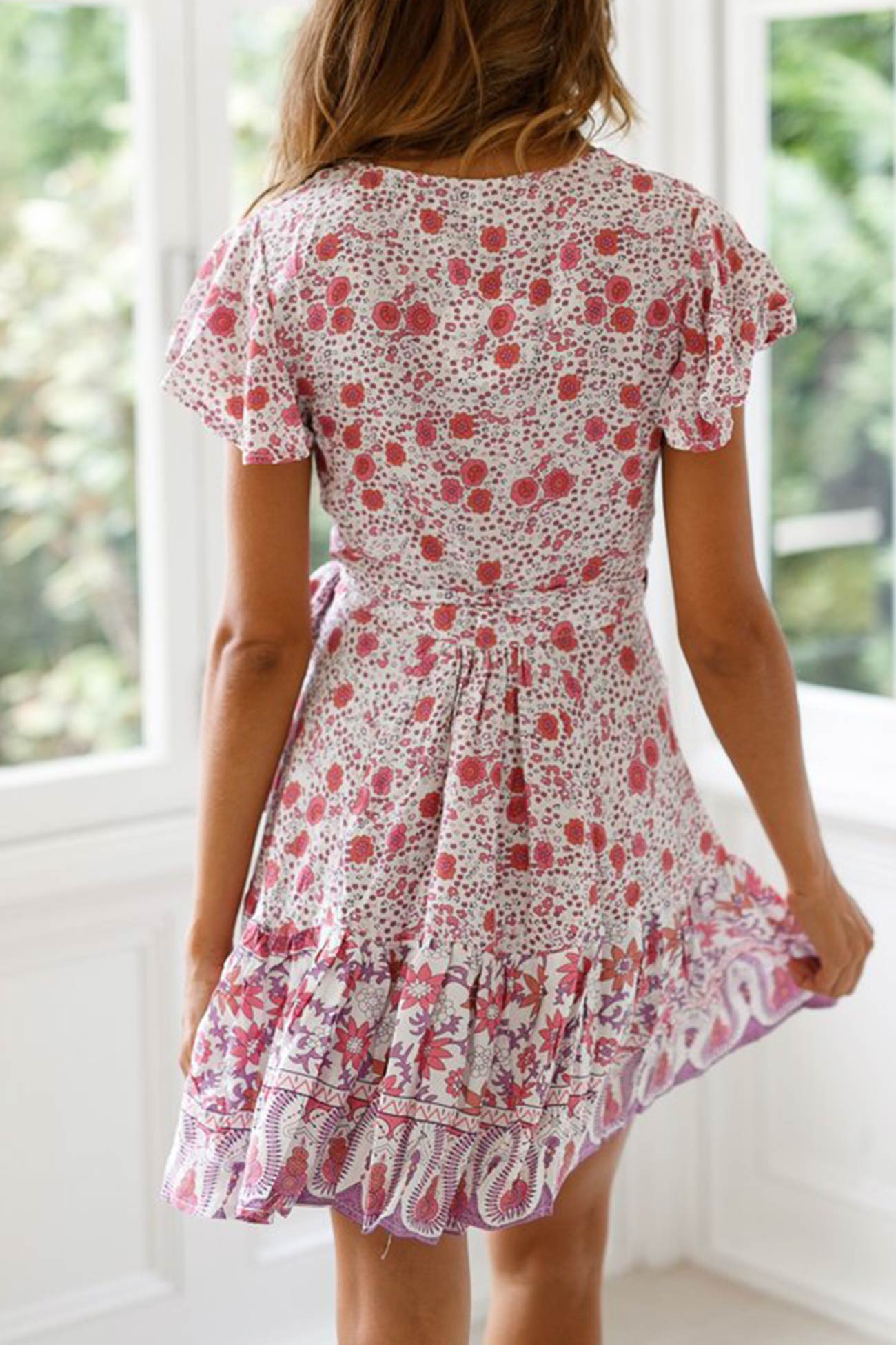 Bohemian V Neck Tie-Waist Slit Mini Dress