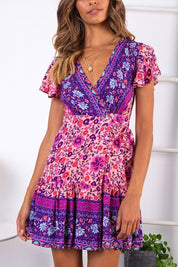 Bohemian V Neck Tie-Waist Slit Mini Dress