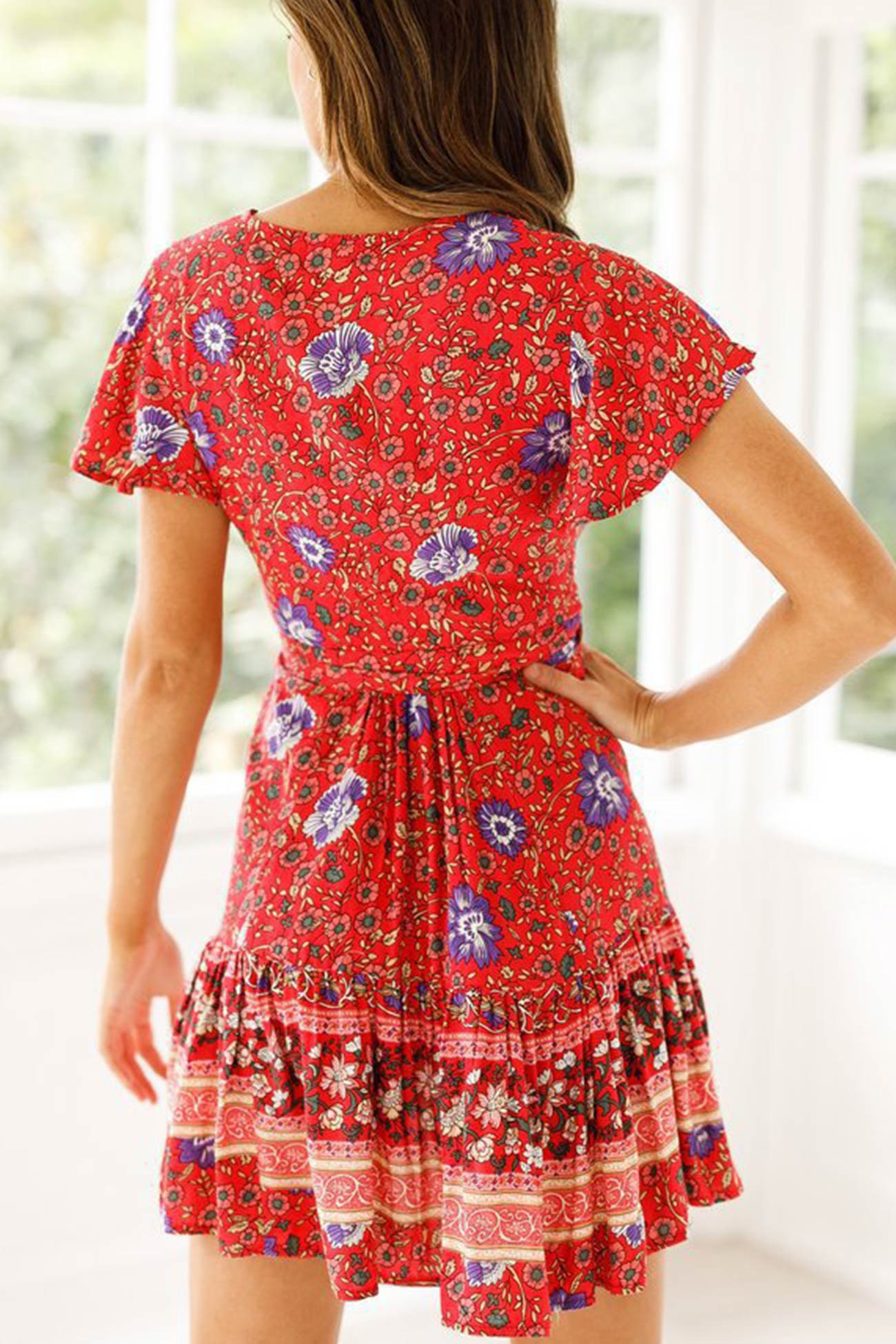 Bohemian V Neck Tie-Waist Slit Mini Dress