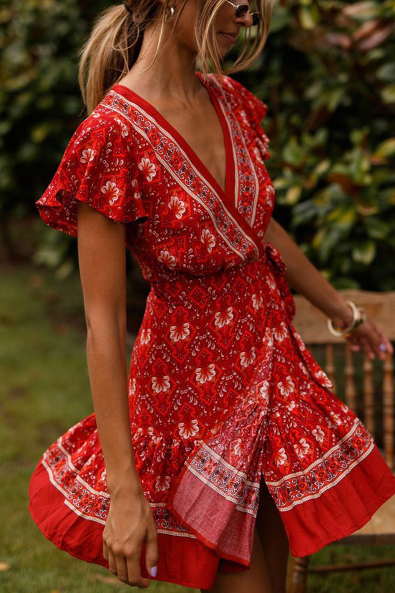 Bohemian V Neck Tie-Waist Slit Mini Dress