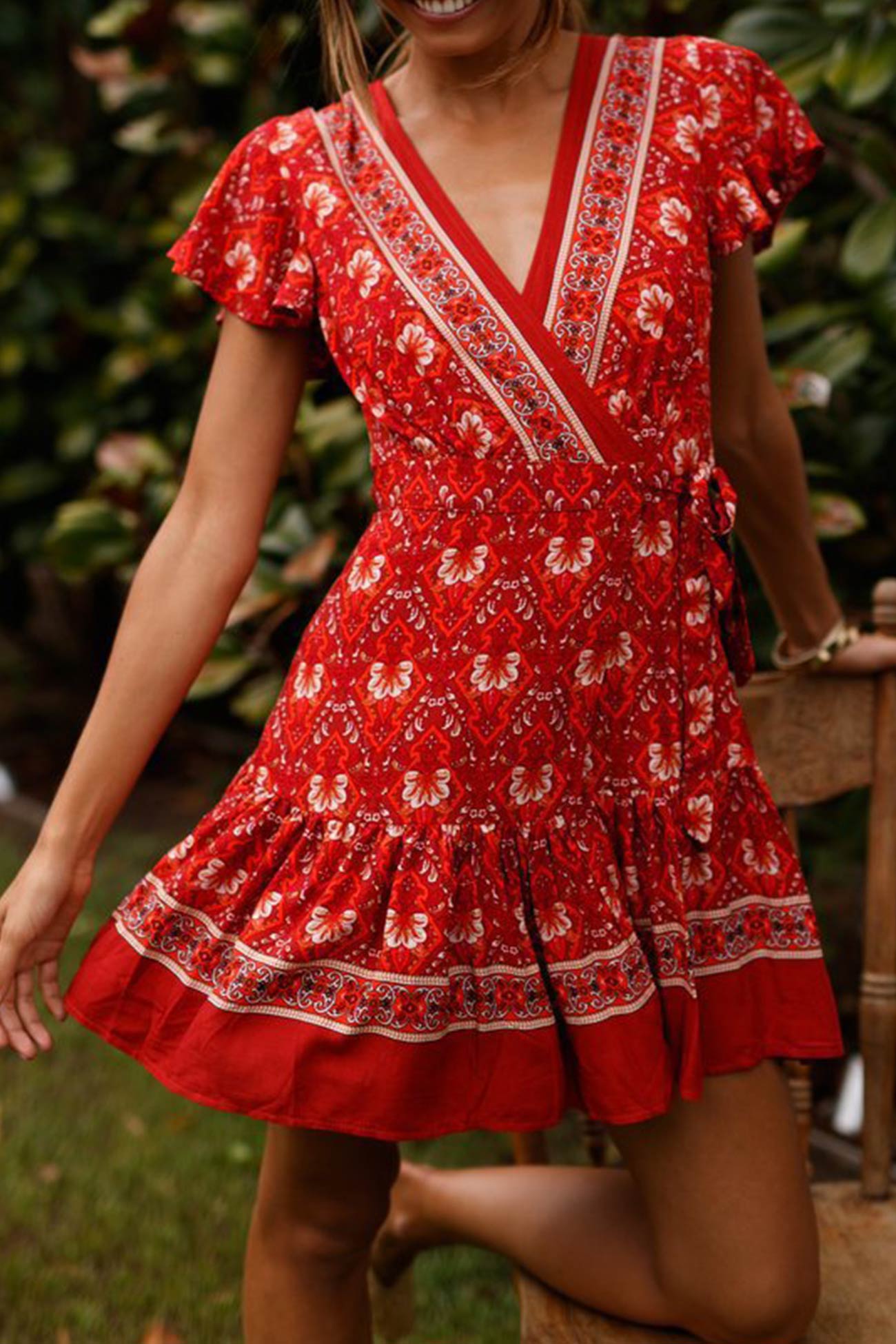 Bohemian V Neck Tie-Waist Slit Mini Dress