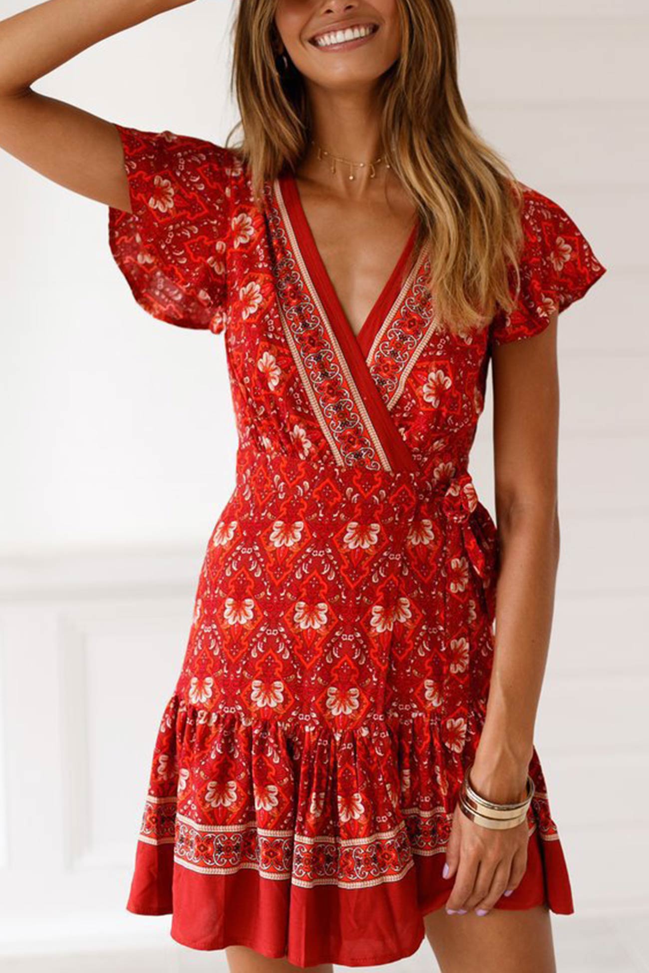 Bohemian V Neck Tie-Waist Slit Mini Dress