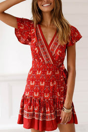 Bohemian V Neck Tie-Waist Slit Mini Dress