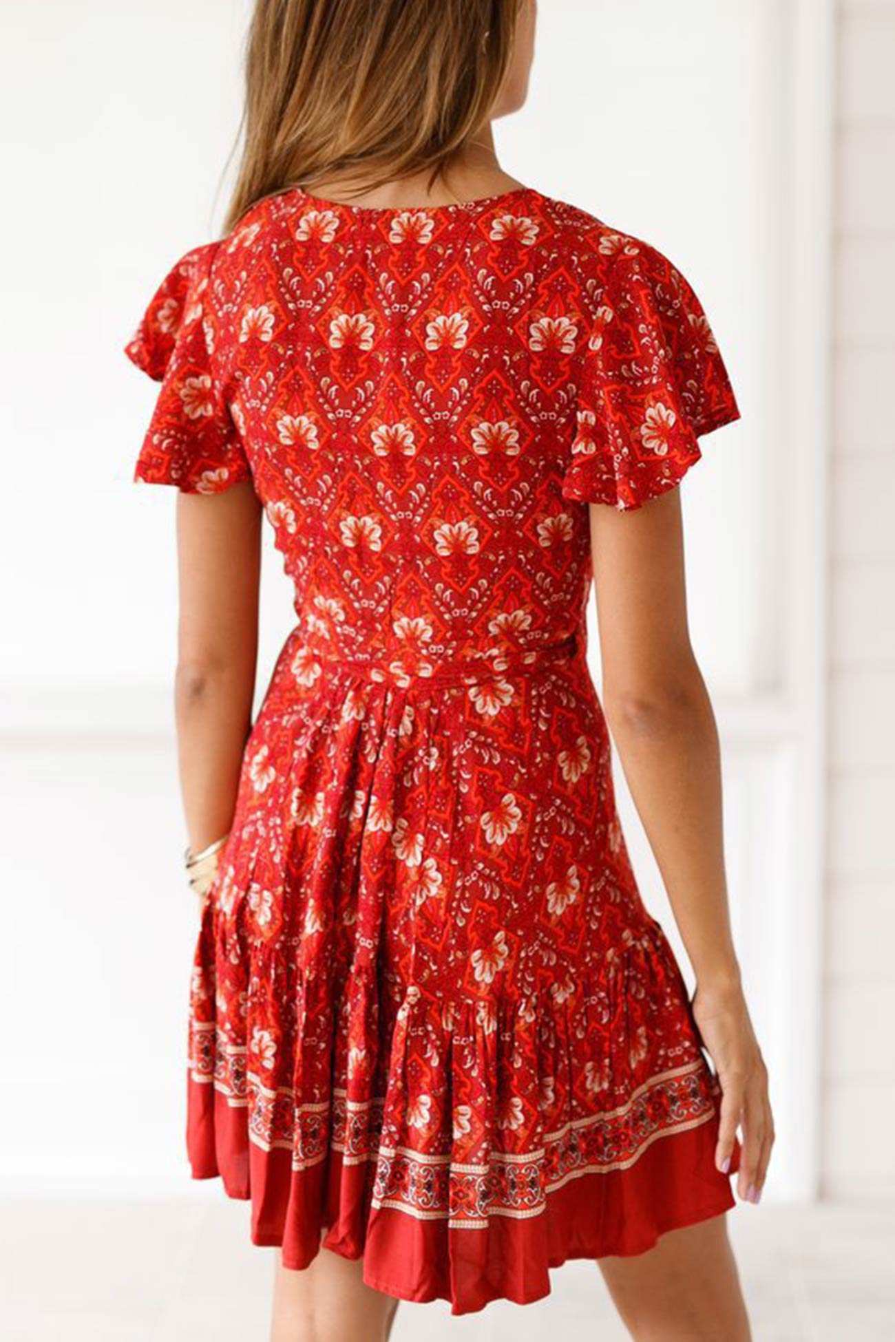 Bohemian V Neck Tie-Waist Slit Mini Dress