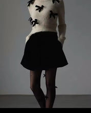 Regal Charm Round Neck Sweater – Bow Appliqué Long-Sleeve Knit