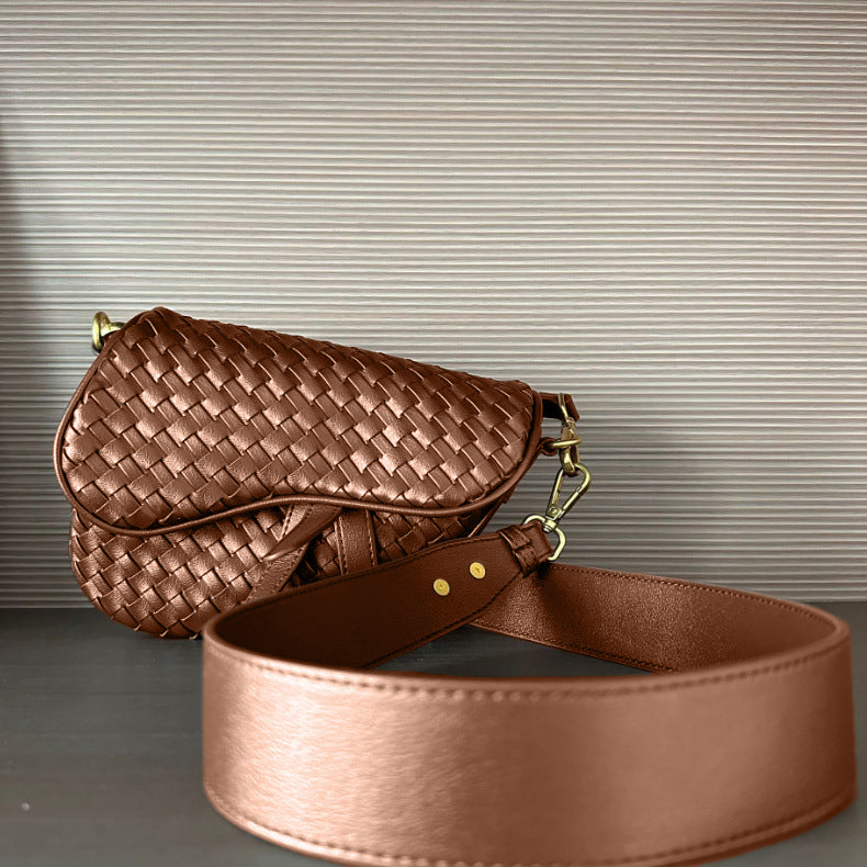 Genuine leather woven saddle bag - crossbody handbag with adjustable strap