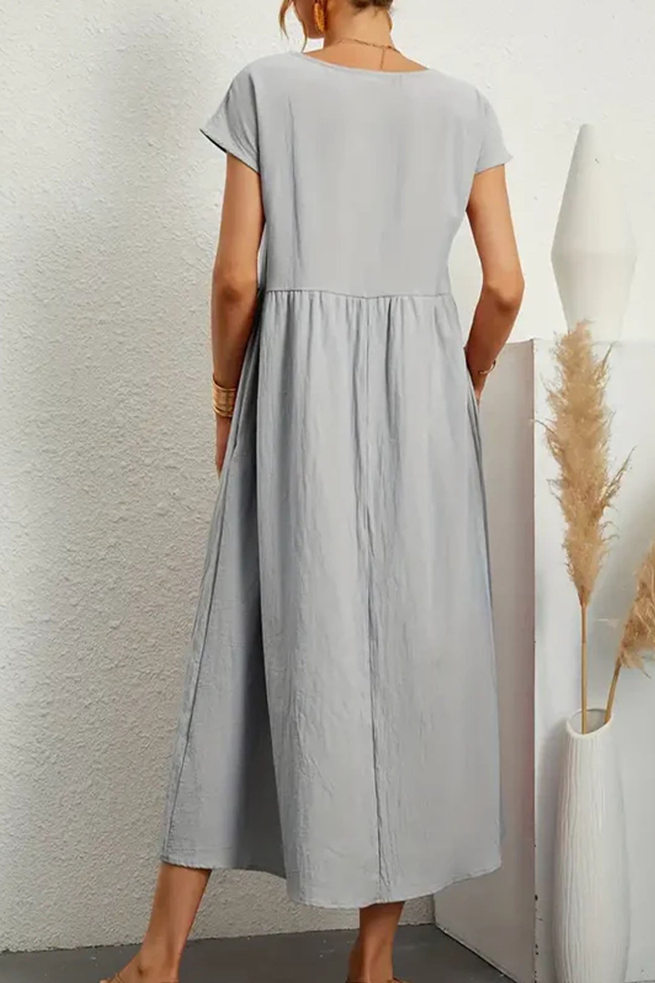 Elen Solid Short Sleeve Midi Dress
