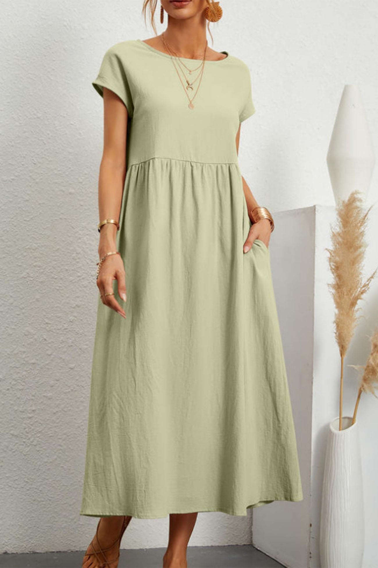 Elen Solid Short Sleeve Midi Dress