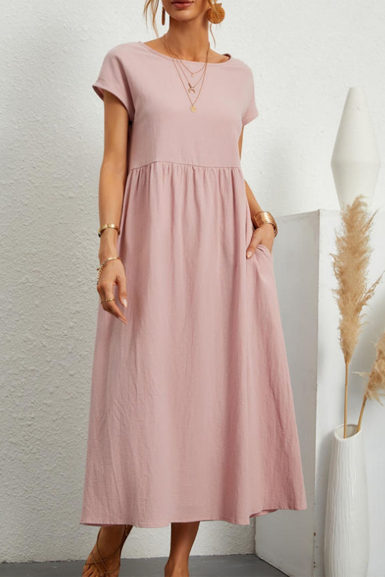 Elen Solid Short Sleeve Midi Dress