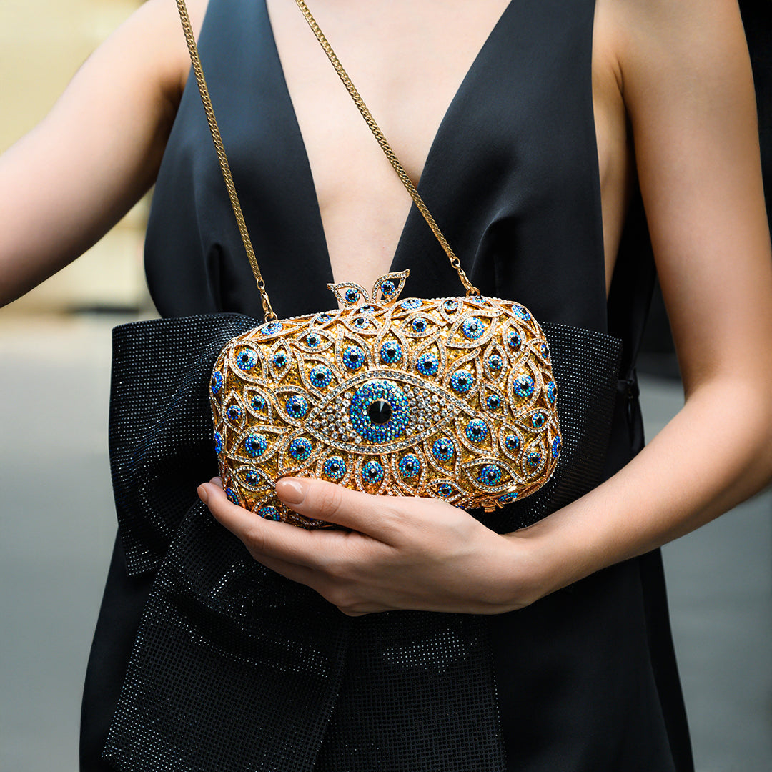 Crystal Evil Eye Clutch Bag – Gold Rhinestone Statement Piece