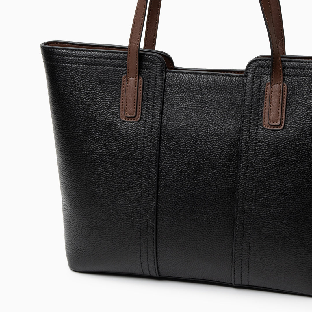 Medium Leather Tote Bag with Multiple Compartments - Genuine Leather, Black & White