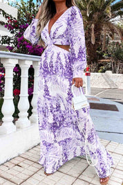 Floral Printed V-Neck Cutout Maxi Dress