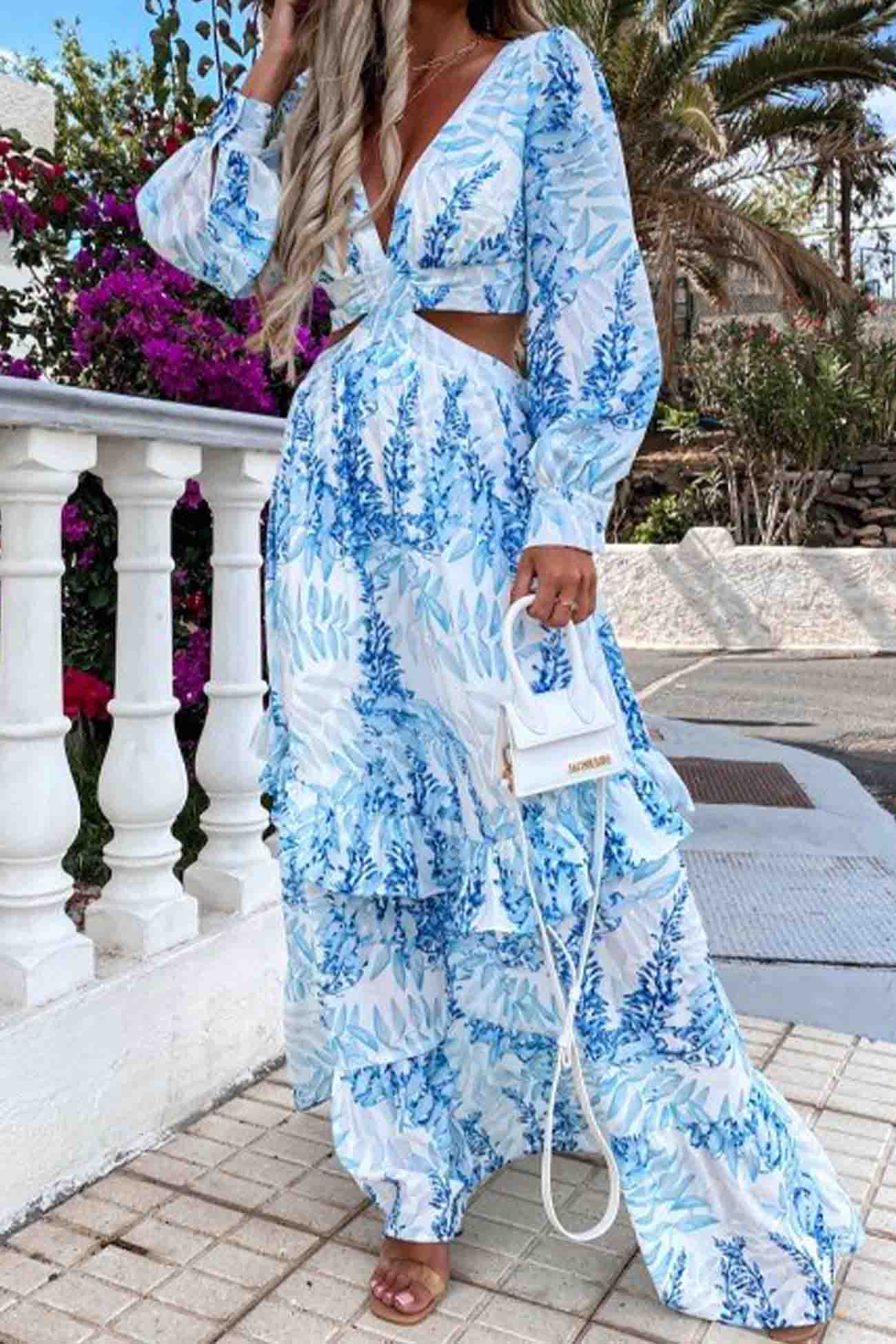 Floral Printed V-Neck Cutout Maxi Dress