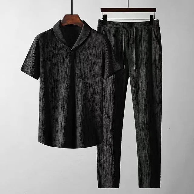 Men's Summer Suit Set – Solid Pleated Design, Short Sleeve, Lightweight Fabric-2