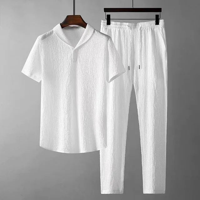 Variant image for Men's Summer Suit Set – Solid Pleated Design, Short Sleeve, Lightweight Fabric-7