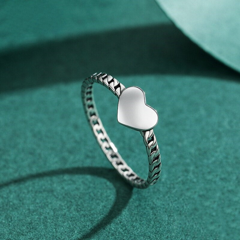925 Sterling Silver Heart Chain Ring – Elegant Love Band