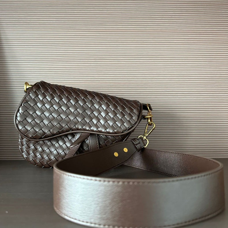 Genuine leather woven saddle bag - crossbody handbag with adjustable strap
