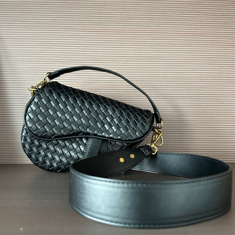 Genuine leather woven saddle bag - crossbody handbag with adjustable strap