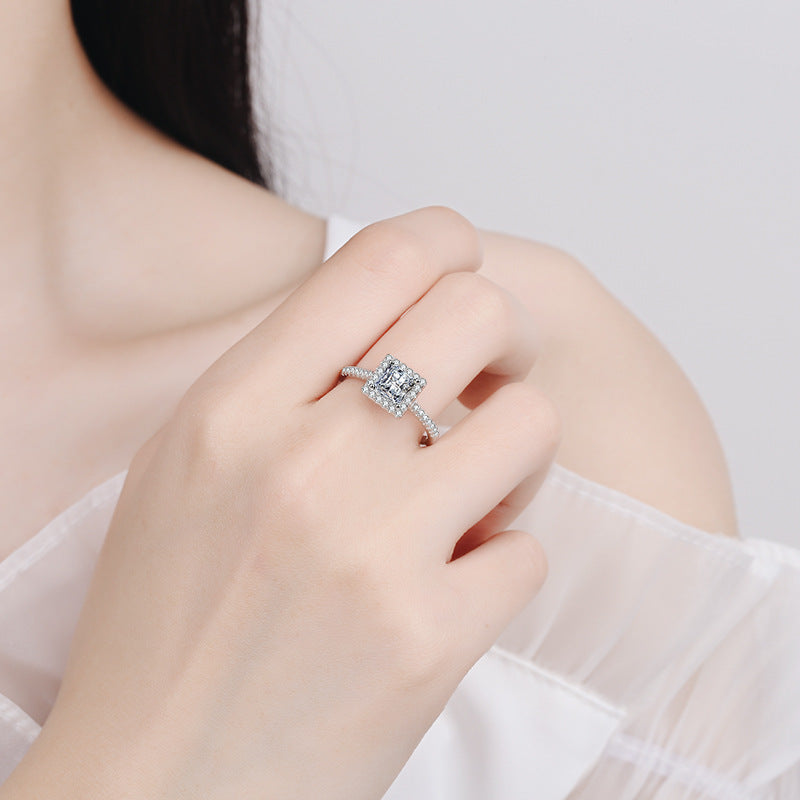 925 sterling silver moissanite engagement ring - princess cut halo wedding band for women