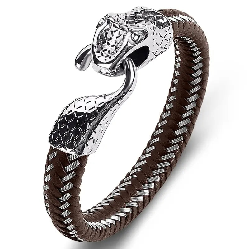 Black Leather & Stainless Steel Snake Bracelet – A Bold Statement