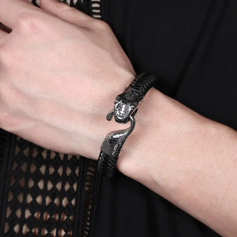 Black Leather & Stainless Steel Snake Bracelet – A Bold Statement