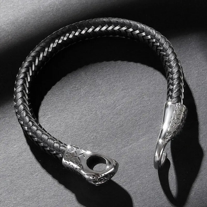 Black Leather & Stainless Steel Snake Bracelet – A Bold Statement