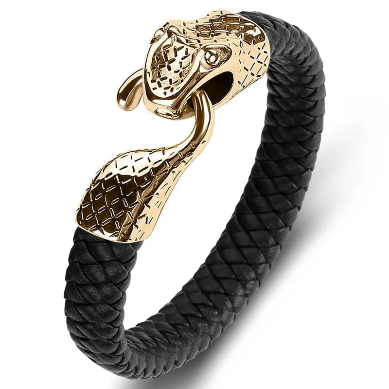 Black Leather & Stainless Steel Snake Bracelet – A Bold Statement