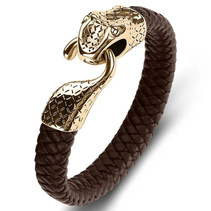 Black Leather & Stainless Steel Snake Bracelet – A Bold Statement
