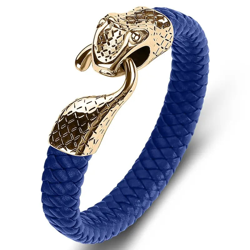 Black Leather & Stainless Steel Snake Bracelet – A Bold Statement
