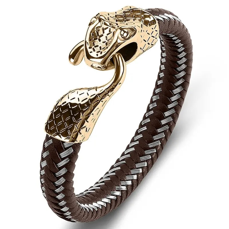 Black Leather & Stainless Steel Snake Bracelet – A Bold Statement