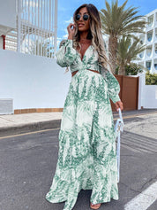 Floral Printed V-Neck Cutout Maxi Dress