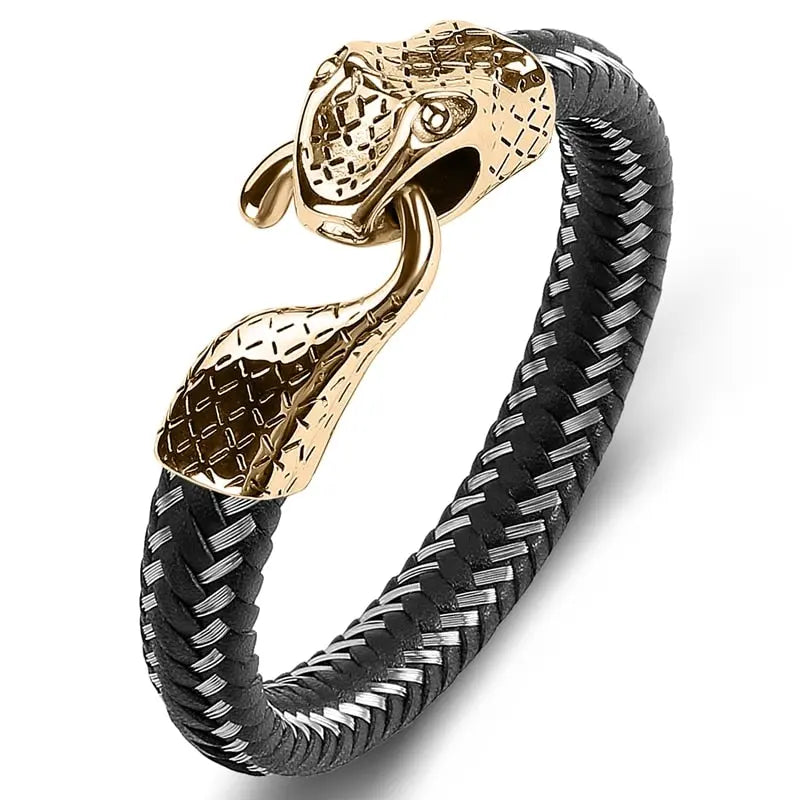 Black Leather & Stainless Steel Snake Bracelet – A Bold Statement