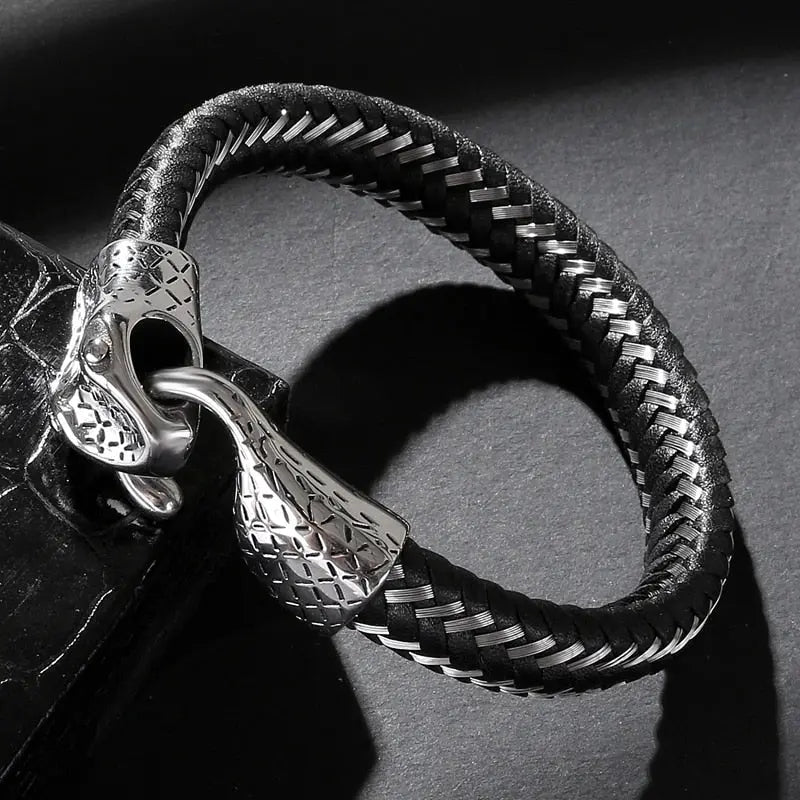 Black Leather & Stainless Steel Snake Bracelet – A Bold Statement
