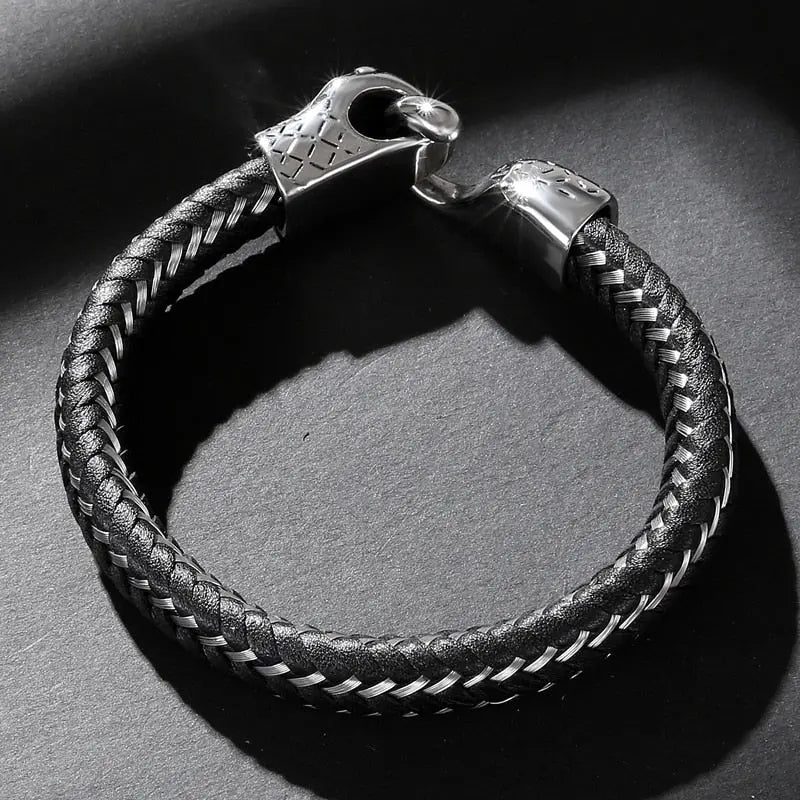 Black Leather & Stainless Steel Snake Bracelet – A Bold Statement