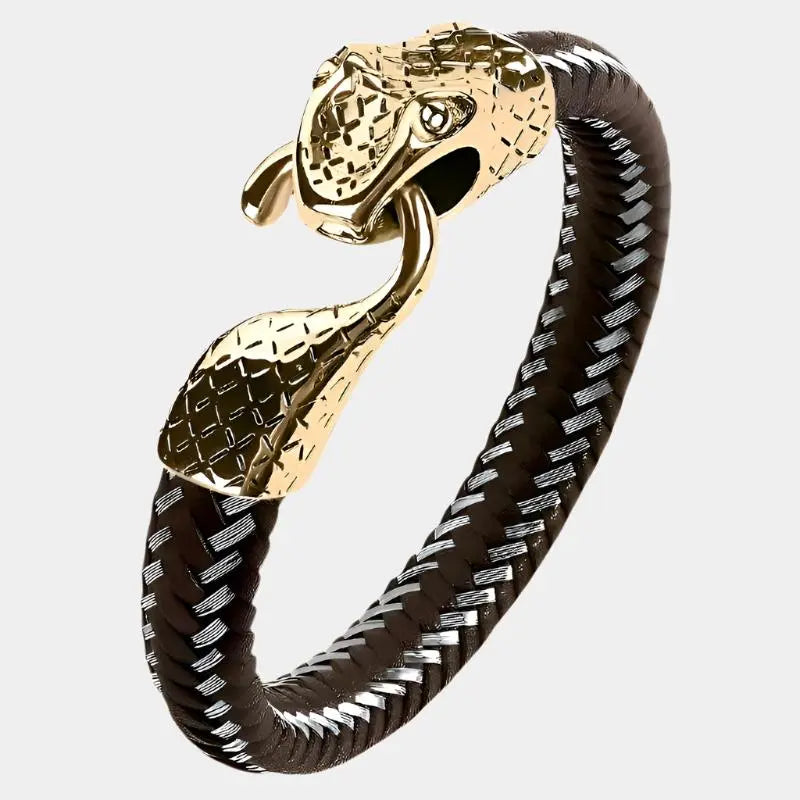 Black Leather & Stainless Steel Snake Bracelet – A Bold Statement