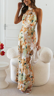 Women’s Floral Maxi Dress – Silky Halter Neck, Elegant Summer Style-1