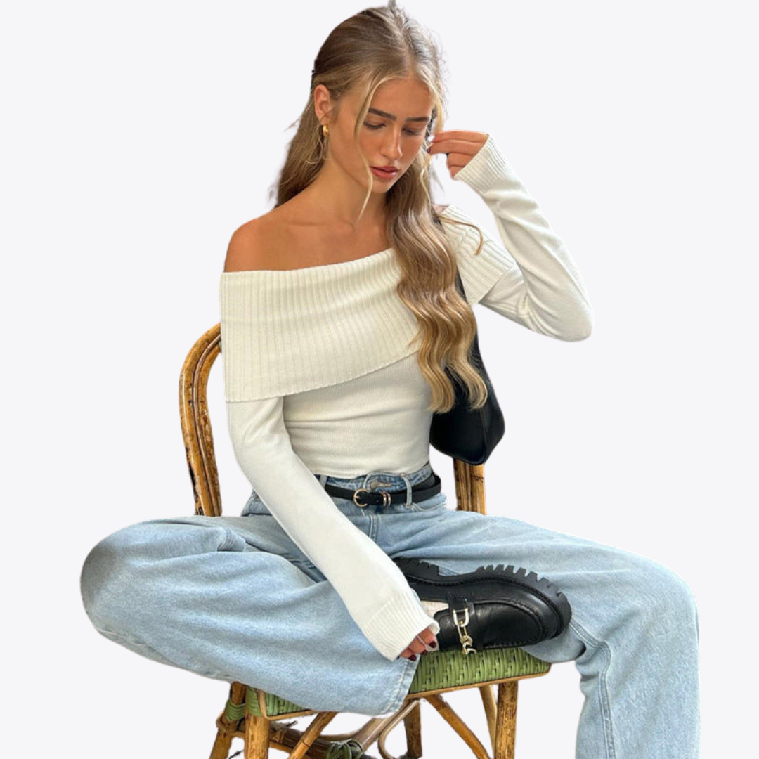 Women’s Off-Shoulder Ribbed Knit Top – Elegant Long-Sleeve Sweater
