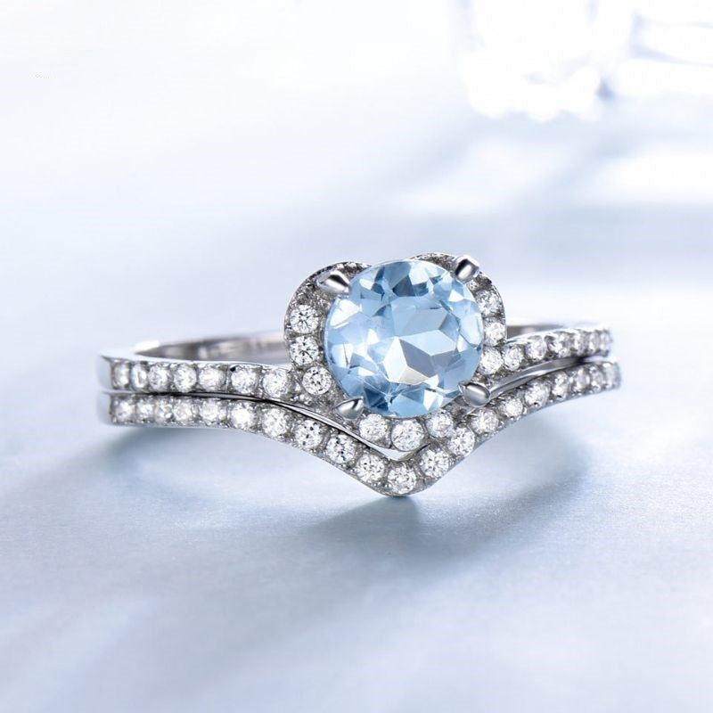 925 Sterling Silver Blue CZ Engagement Ring – Round-Cut Halo Design