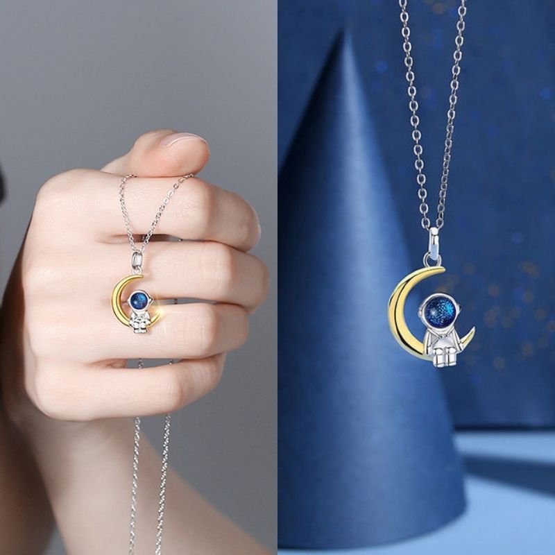 925 Sterling Silver Astronaut Moon Necklace – Blue CZ Diamond & Gold Moon Pendant