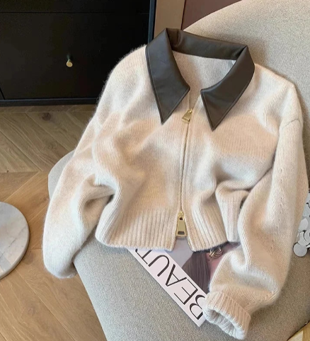 Elegant PU Collar Cardigan