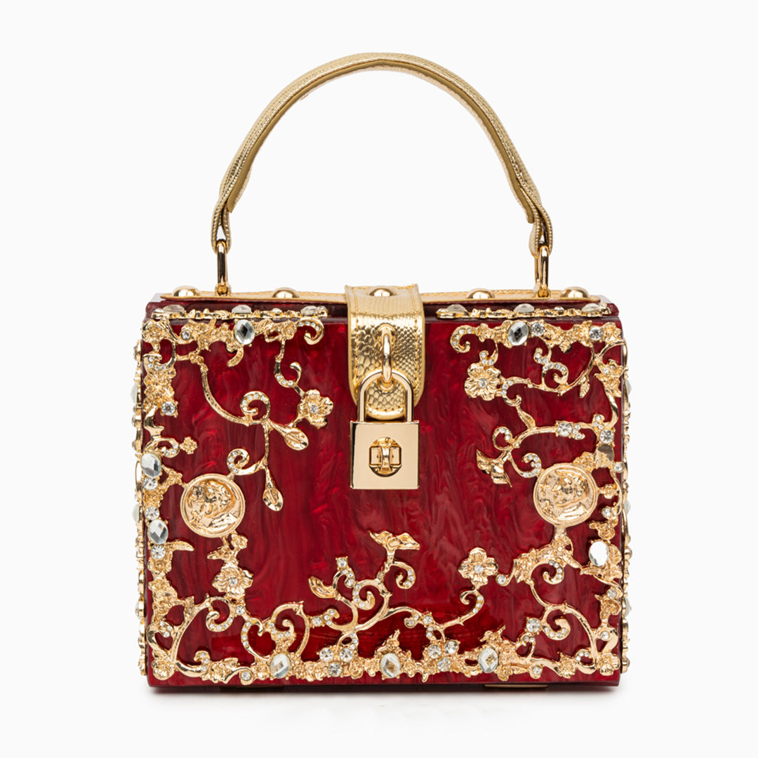 Acrylic floral box handbag – structured red evening purse