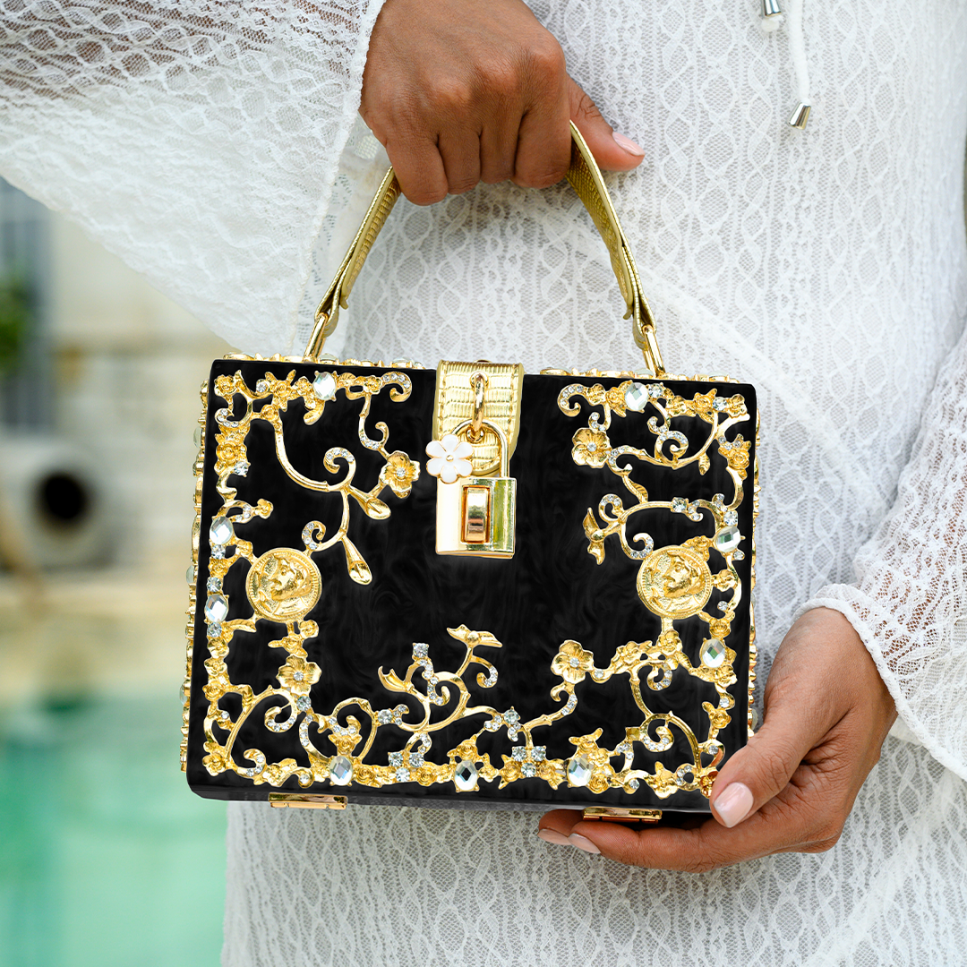 Acrylic floral box handbag – structured black evening purse