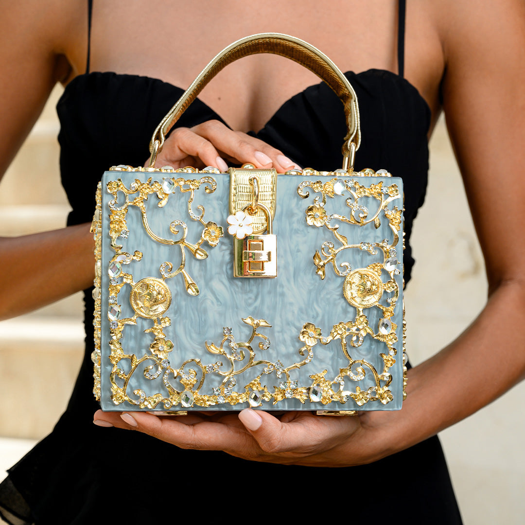 Acrylic floral box handbag – structured embellished evening purse