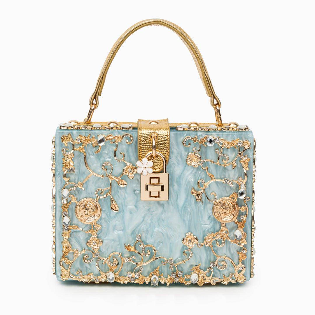 Acrylic floral box handbag – structured embellished evening purse