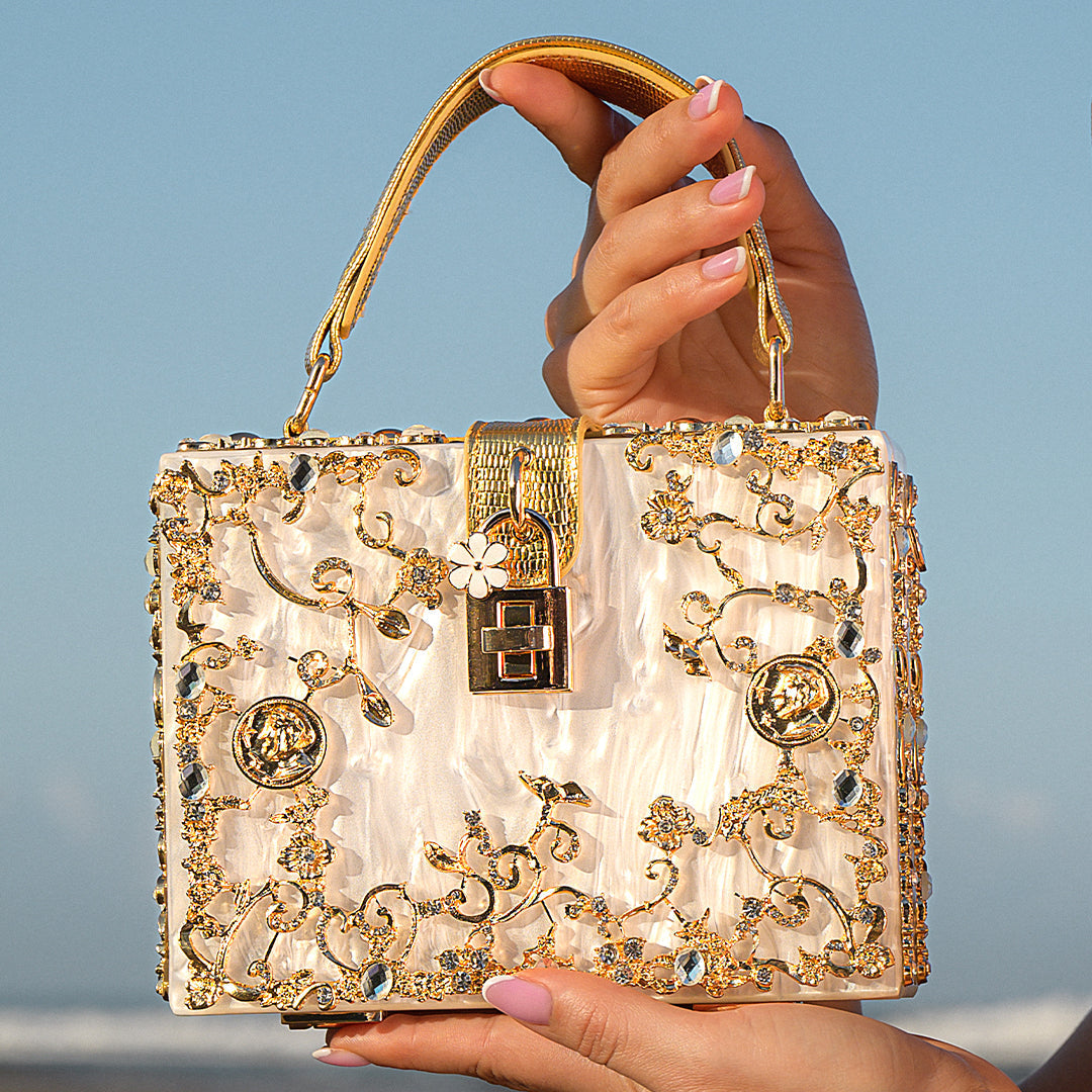 Acrylic floral box handbag – structured gold-plated evening purse