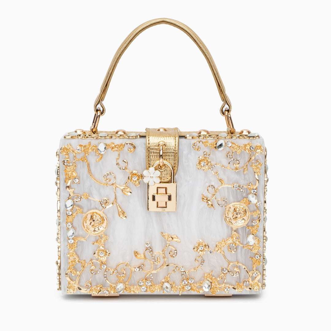Acrylic floral box handbag – structured gold-plated evening purse