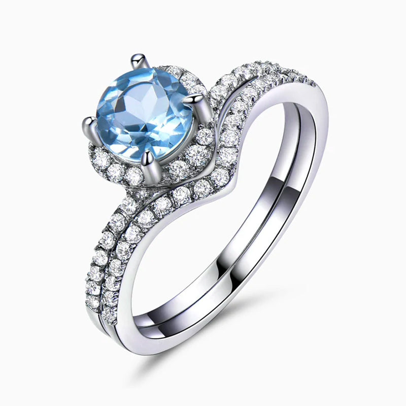 925 Sterling Silver Blue CZ Engagement Ring – Round-Cut Halo Design