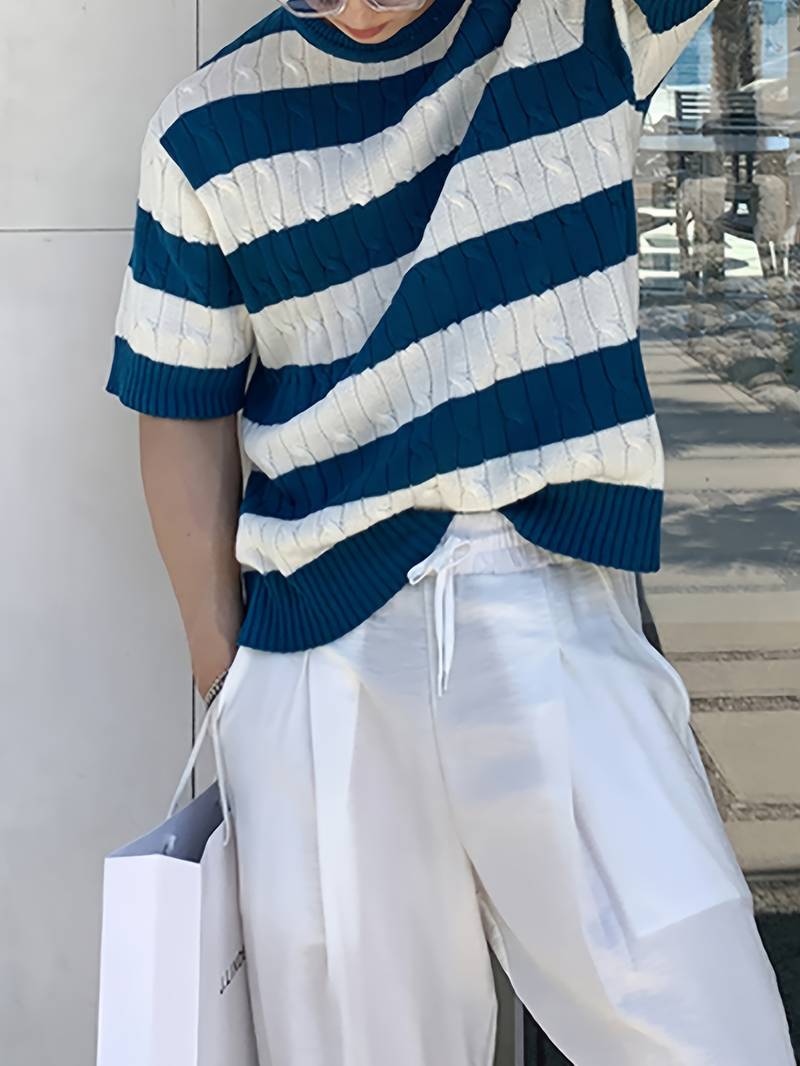 Old Money Classic Summer Crew Neck Cable Knit Striped T-Shirt