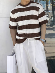 Old Money Classic Summer Crew Neck Cable Knit Striped T-Shirt