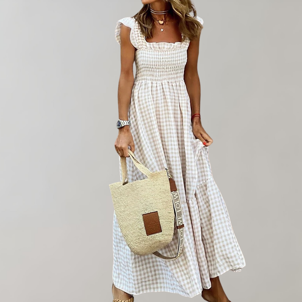 square collar dress, ruffle sleeve dress, retro summer dress, plaid summer dress, beach dress, women's retro dress, cute summer dresses, square collar dress for women, vintage style summer dress, plaid beach dresses, retro inspired dresses, casual beachwear dress, women's cute plaid dress, feminine ruffled sleeves dress, plaid retro summer fashion, summer beach dress, retro plaid cute dress